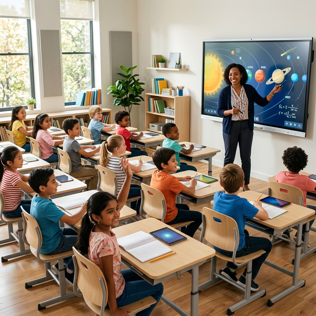 Smart classroom with students and interactive whiteboard
